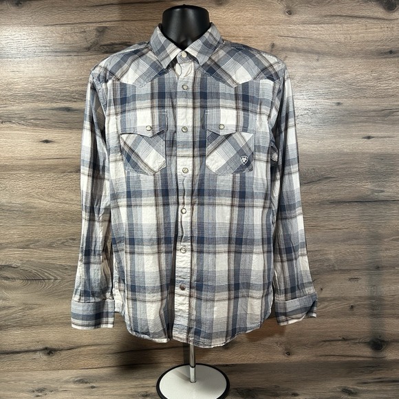 Ariat Other - Ariat Retro Fit Shirt Mens Large Blue Brown Plaid Western Pearl Snap Rodeo